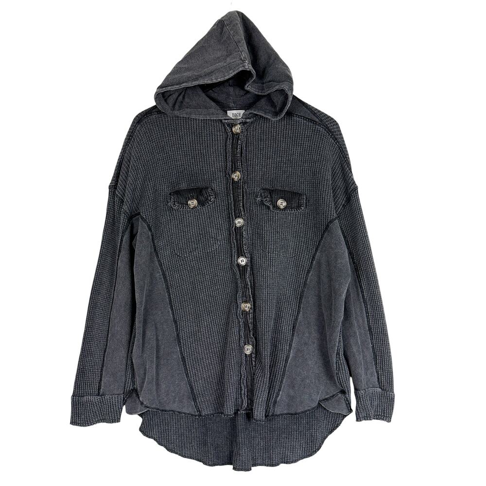 BKE Washed Waffle-knit Boyfriend Shirt Hoodie Button Up Gray - M